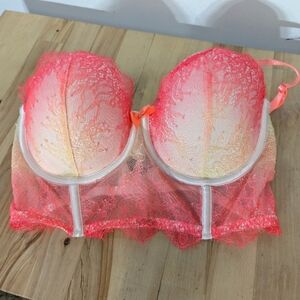 Victoria's Secret Very Sexy Demi Bustier Coral Lace Mesh 32D Long line Underwire